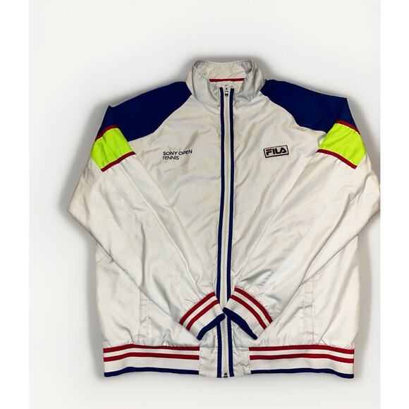 FILA Mens Track Jacket Sony Open‎ Tennis White NEON GREEN Sz XL VINTAGE Spellout - Picture 1 of 12